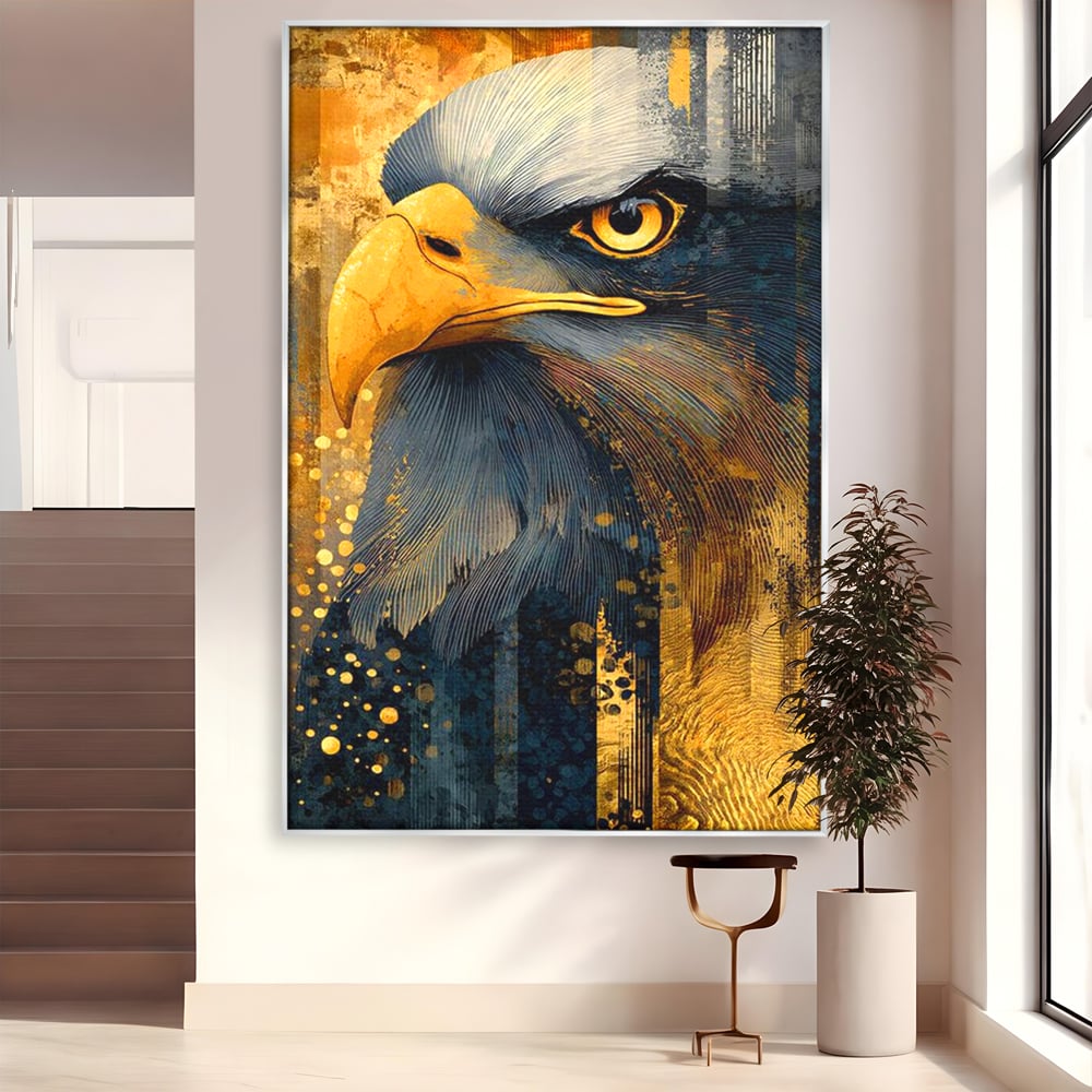 Tablou Canvas Premium, LuxCanva® M1031, Colosul Privirii, Vultur, Acvila, Putere, Privire, Auriu, Profil, Portret, Motivational, Simbolic, Birou, Living, Camera Copil