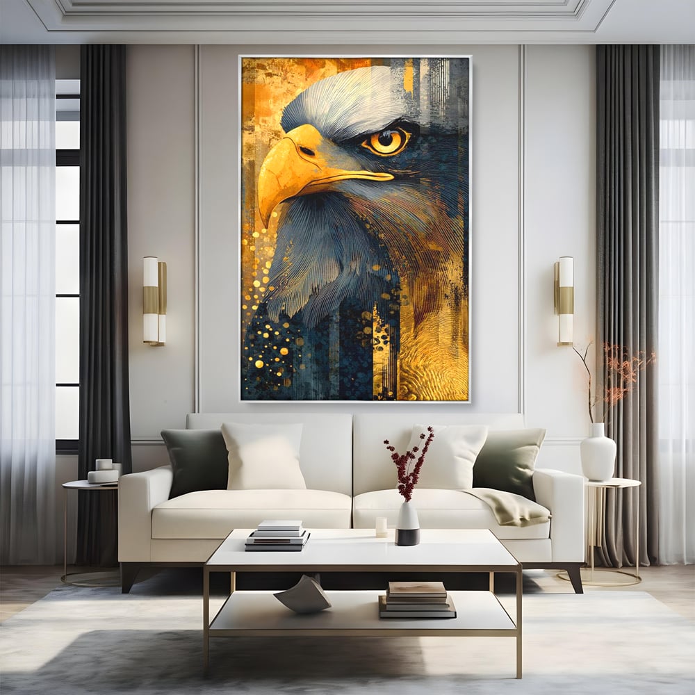 Tablou Canvas Premium, LuxCanva® M1031, Colosul Privirii, Vultur, Acvila, Putere, Privire, Auriu, Profil, Portret, Motivational, Simbolic, Birou, Living, Camera Copil