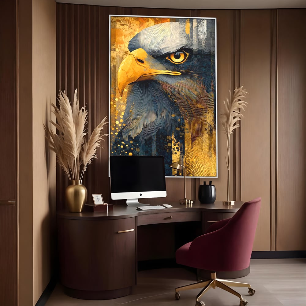 Tablou Canvas Premium, LuxCanva® M1031, Colosul Privirii, Vultur, Acvila, Putere, Privire, Auriu, Profil, Portret, Motivational, Simbolic, Birou, Living, Camera Copil
