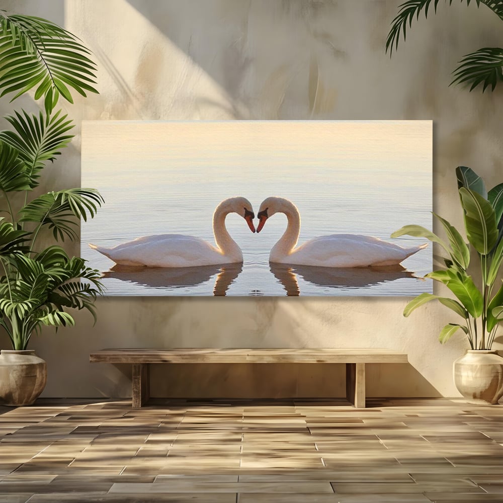 Tablou Canvas Premium, LuxCanva® M1032, Simetrie Romantica, Lebede, Pasari, Pereche, Lac, Reflexie, Iubire, Romantism, Natura, Relaxare, Birou, Living, Camera Copil