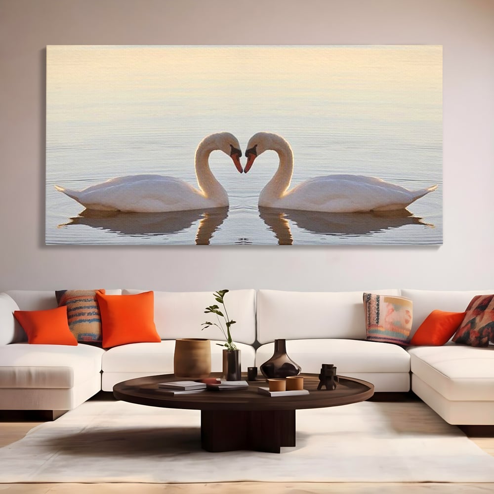 Tablou Canvas Premium, LuxCanva® M1032, Simetrie Romantica, Lebede, Pasari, Pereche, Lac, Reflexie, Iubire, Romantism, Natura, Relaxare, Birou, Living, Camera Copil