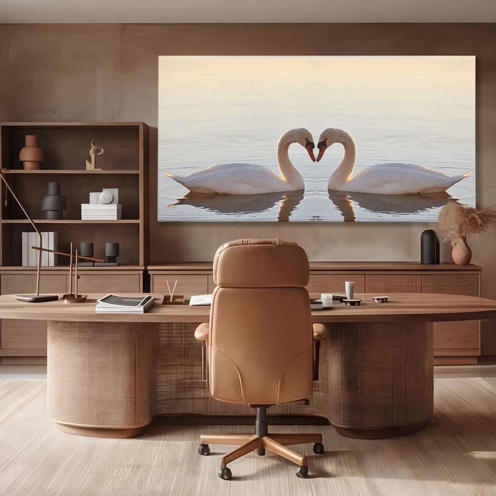Tablou Canvas Premium, LuxCanva® M1032, Simetrie Romantica, Lebede, Pasari, Pereche, Lac, Reflexie, Iubire, Romantism, Natura, Relaxare, Birou, Living, Camera Copil