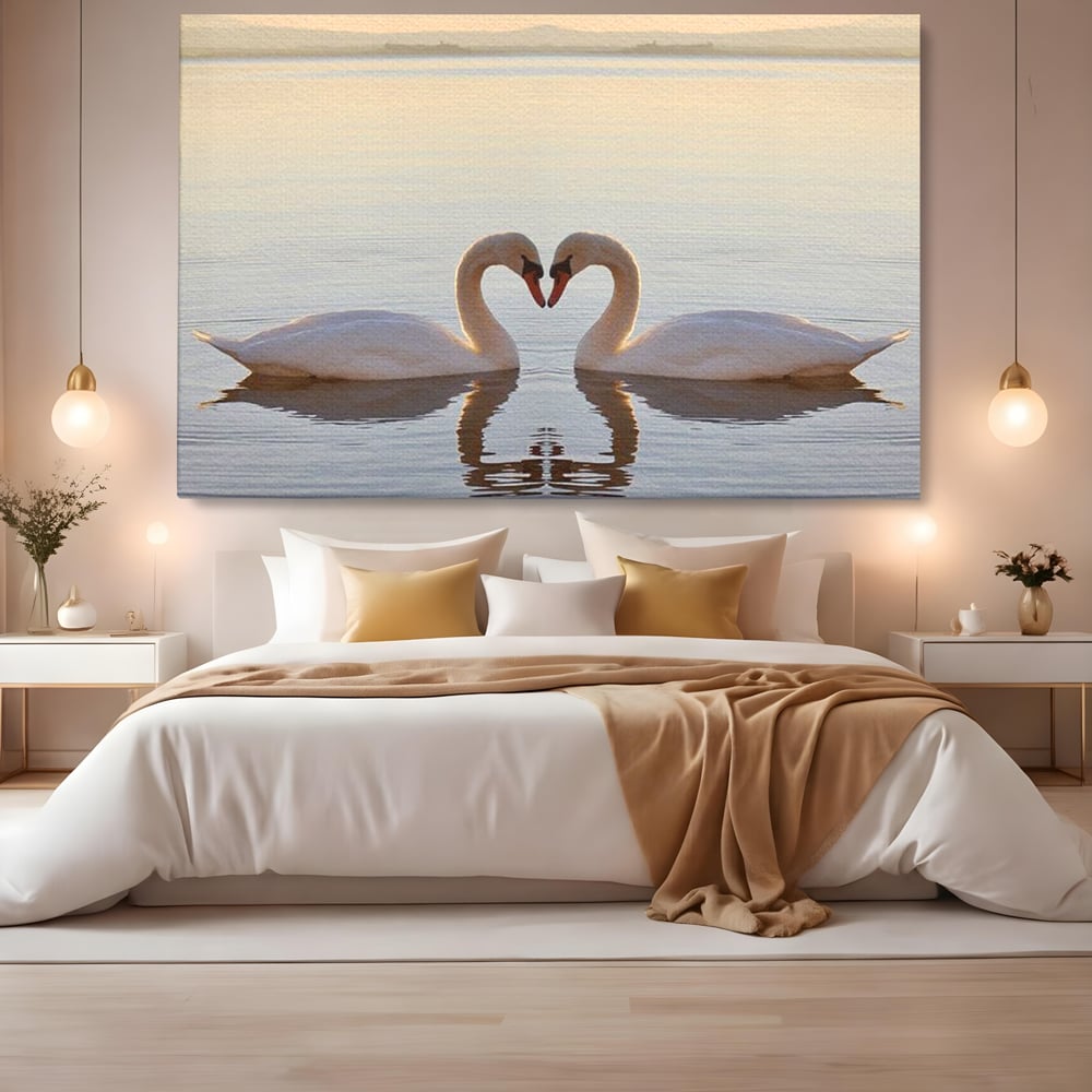 Tablou Canvas Premium, LuxCanva® M1032, Simetrie Romantica, Lebede, Pasari, Pereche, Lac, Reflexie, Iubire, Romantism, Natura, Relaxare, Birou, Living, Camera Copil
