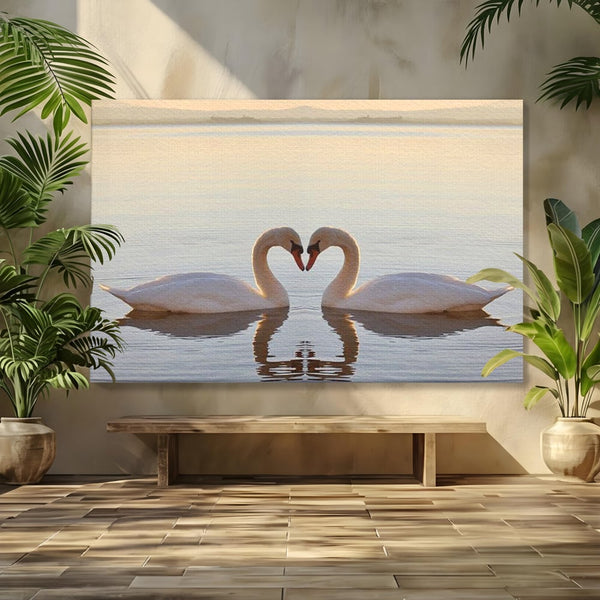 Tablou Canvas Premium, LuxCanva® M1032, Simetrie Romantica, Lebede, Pasari, Pereche, Lac, Reflexie, Iubire, Romantism, Natura, Relaxare, Birou, Living, Camera Copil