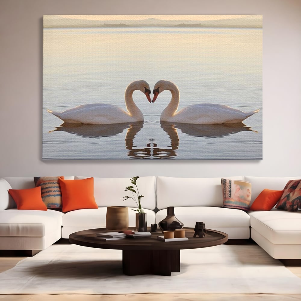 Tablou Canvas Premium, LuxCanva® M1032, Simetrie Romantica, Lebede, Pasari, Pereche, Lac, Reflexie, Iubire, Romantism, Natura, Relaxare, Birou, Living, Camera Copil