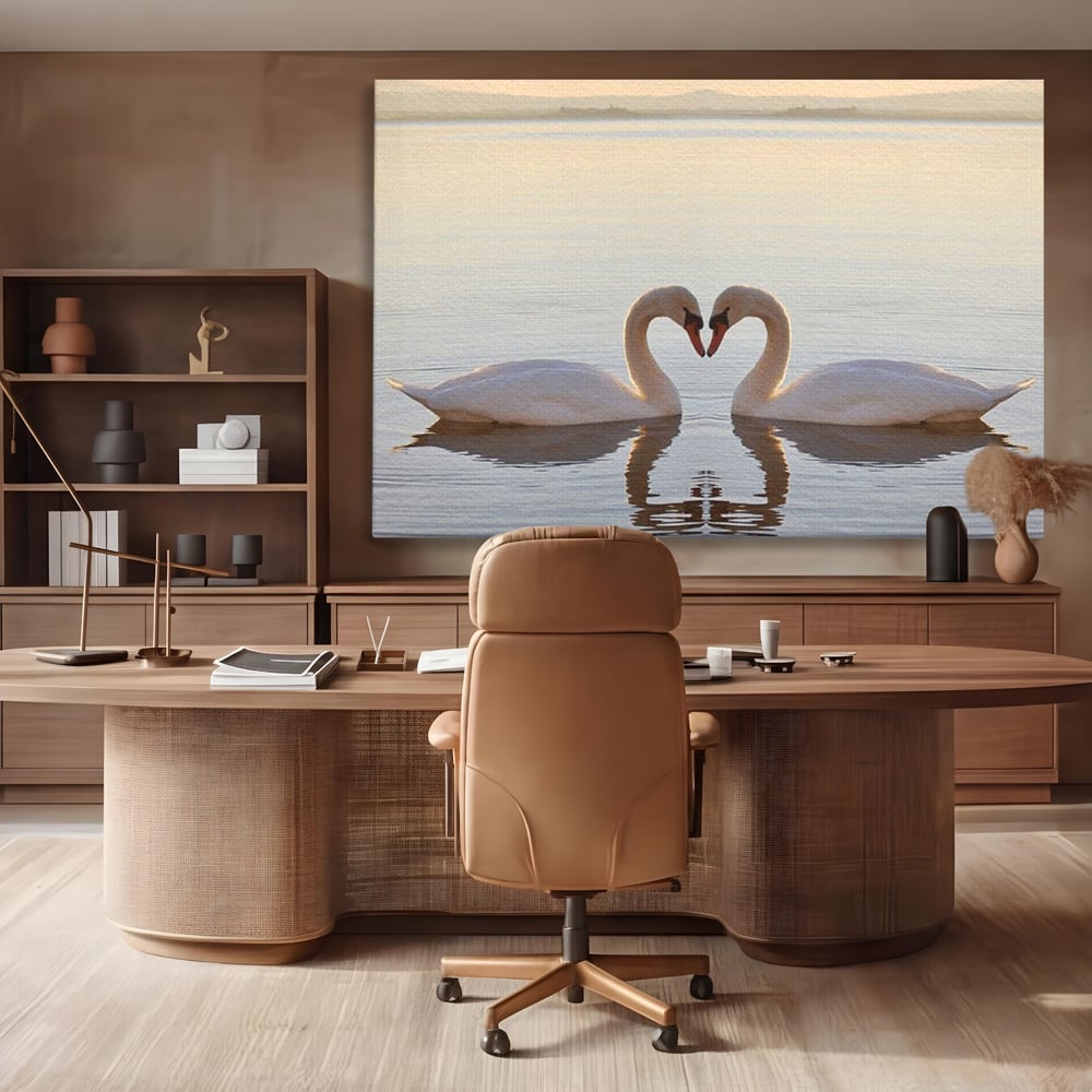 Tablou Canvas Premium, LuxCanva® M1032, Simetrie Romantica, Lebede, Pasari, Pereche, Lac, Reflexie, Iubire, Romantism, Natura, Relaxare, Birou, Living, Camera Copil