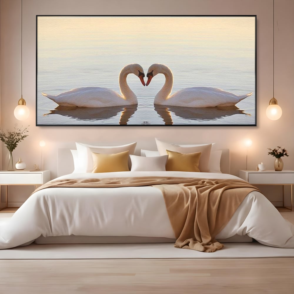 Tablou Canvas Premium, LuxCanva® M1032, Simetrie Romantica, Lebede, Pasari, Pereche, Lac, Reflexie, Iubire, Romantism, Natura, Relaxare, Birou, Living, Camera Copil