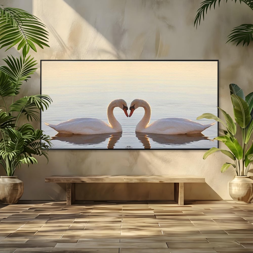 Tablou Canvas Premium, LuxCanva® M1032, Simetrie Romantica, Lebede, Pasari, Pereche, Lac, Reflexie, Iubire, Romantism, Natura, Relaxare, Birou, Living, Camera Copil