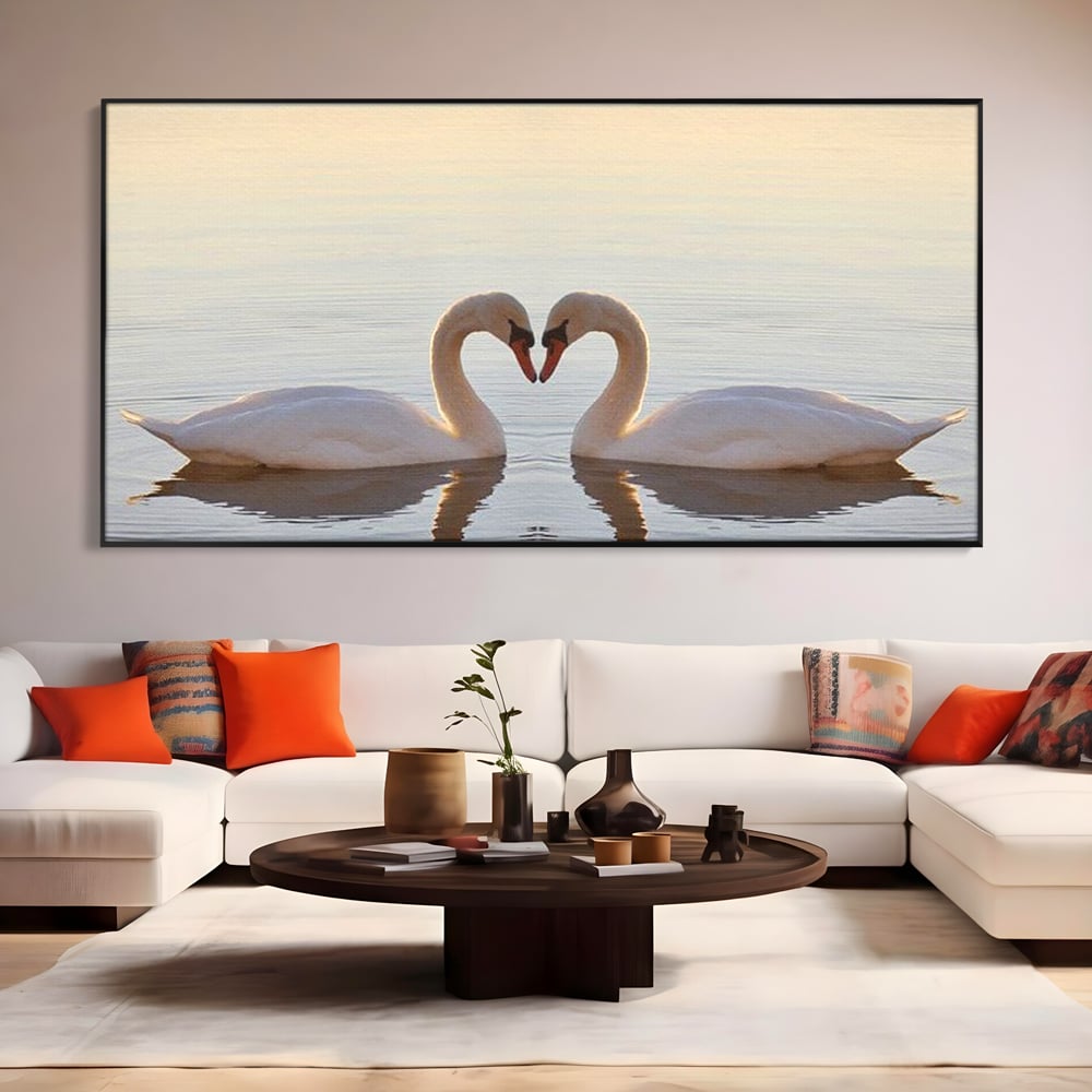 Tablou Canvas Premium, LuxCanva® M1032, Simetrie Romantica, Lebede, Pasari, Pereche, Lac, Reflexie, Iubire, Romantism, Natura, Relaxare, Birou, Living, Camera Copil
