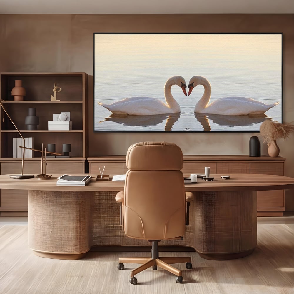 Tablou Canvas Premium, LuxCanva® M1032, Simetrie Romantica, Lebede, Pasari, Pereche, Lac, Reflexie, Iubire, Romantism, Natura, Relaxare, Birou, Living, Camera Copil