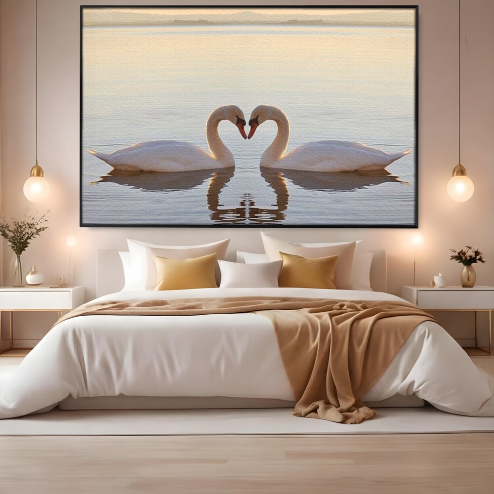 Tablou Canvas Premium, LuxCanva® M1032, Simetrie Romantica, Lebede, Pasari, Pereche, Lac, Reflexie, Iubire, Romantism, Natura, Relaxare, Birou, Living, Camera Copil