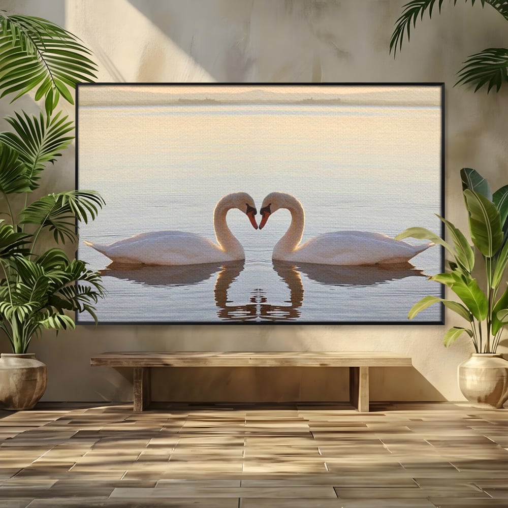 Tablou Canvas Premium, LuxCanva® M1032, Simetrie Romantica, Lebede, Pasari, Pereche, Lac, Reflexie, Iubire, Romantism, Natura, Relaxare, Birou, Living, Camera Copil