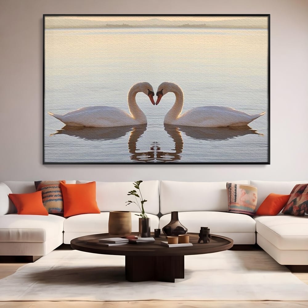 Tablou Canvas Premium, LuxCanva® M1032, Simetrie Romantica, Lebede, Pasari, Pereche, Lac, Reflexie, Iubire, Romantism, Natura, Relaxare, Birou, Living, Camera Copil