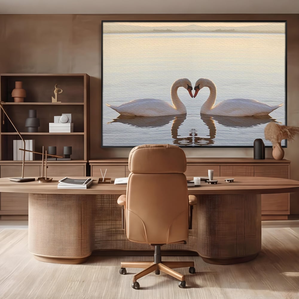 Tablou Canvas Premium, LuxCanva® M1032, Simetrie Romantica, Lebede, Pasari, Pereche, Lac, Reflexie, Iubire, Romantism, Natura, Relaxare, Birou, Living, Camera Copil