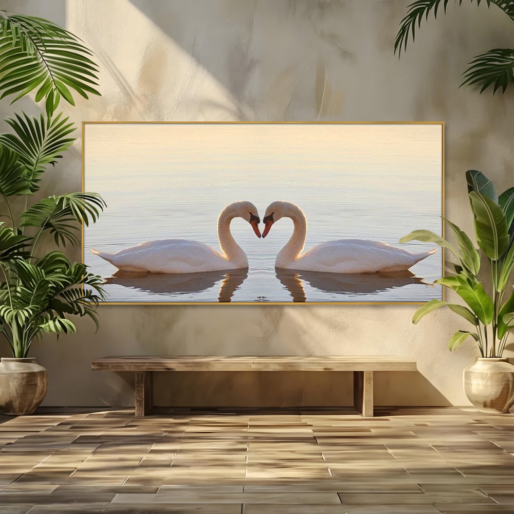 Tablou Canvas Premium, LuxCanva® M1032, Simetrie Romantica, Lebede, Pasari, Pereche, Lac, Reflexie, Iubire, Romantism, Natura, Relaxare, Birou, Living, Camera Copil