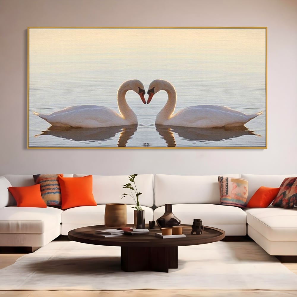 Tablou Canvas Premium, LuxCanva® M1032, Simetrie Romantica, Lebede, Pasari, Pereche, Lac, Reflexie, Iubire, Romantism, Natura, Relaxare, Birou, Living, Camera Copil