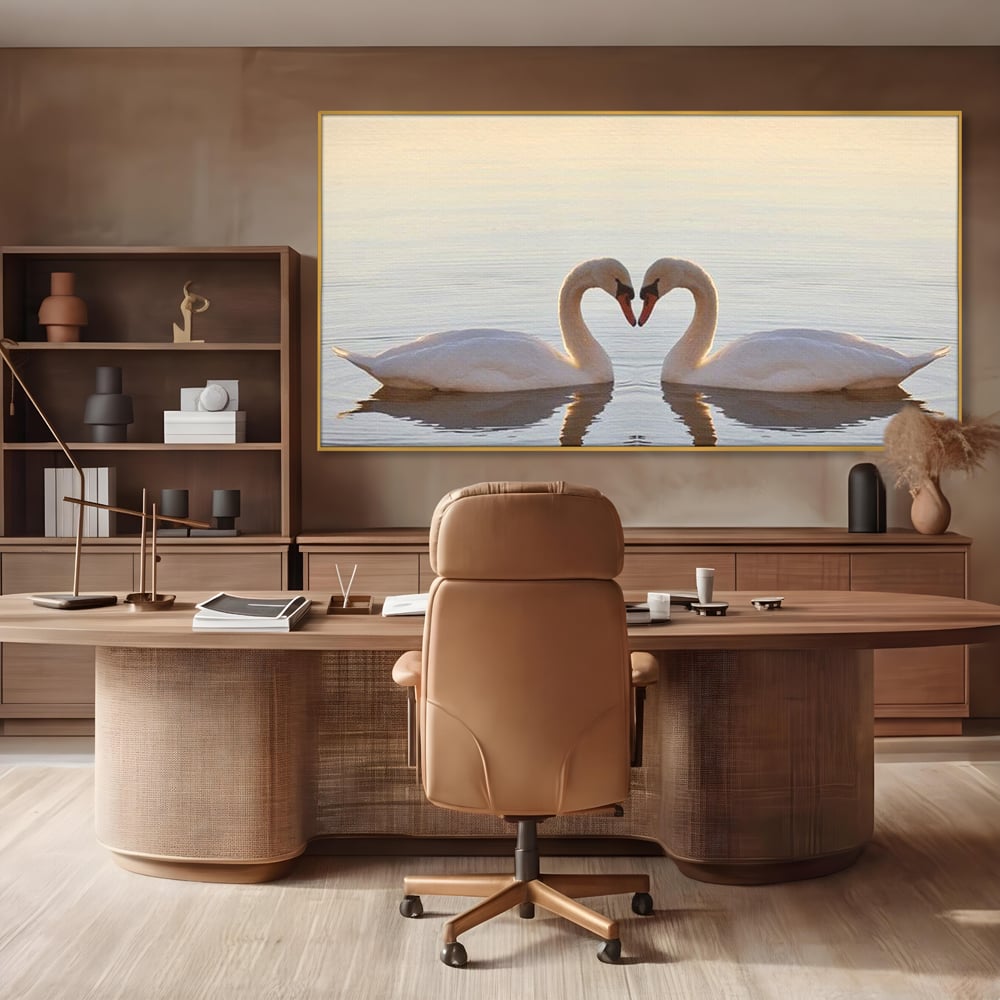 Tablou Canvas Premium, LuxCanva® M1032, Simetrie Romantica, Lebede, Pasari, Pereche, Lac, Reflexie, Iubire, Romantism, Natura, Relaxare, Birou, Living, Camera Copil
