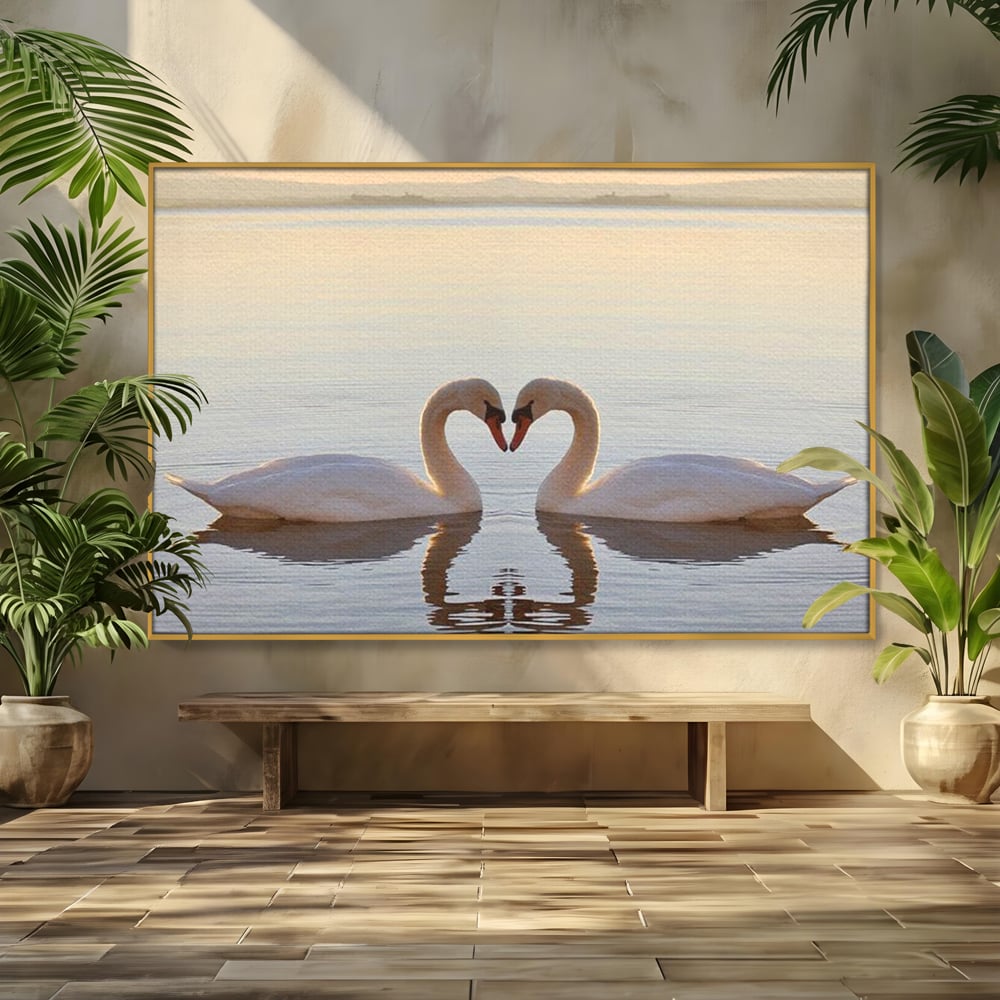 Tablou Canvas Premium, LuxCanva® M1032, Simetrie Romantica, Lebede, Pasari, Pereche, Lac, Reflexie, Iubire, Romantism, Natura, Relaxare, Birou, Living, Camera Copil