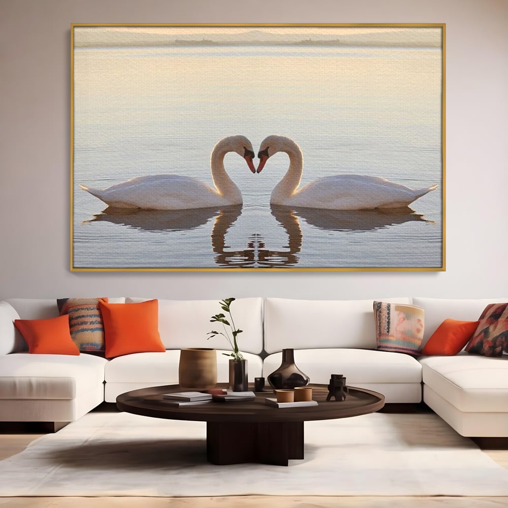 Tablou Canvas Premium, LuxCanva® M1032, Simetrie Romantica, Lebede, Pasari, Pereche, Lac, Reflexie, Iubire, Romantism, Natura, Relaxare, Birou, Living, Camera Copil
