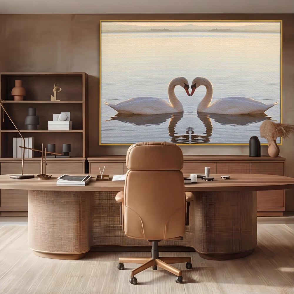 Tablou Canvas Premium, LuxCanva® M1032, Simetrie Romantica, Lebede, Pasari, Pereche, Lac, Reflexie, Iubire, Romantism, Natura, Relaxare, Birou, Living, Camera Copil