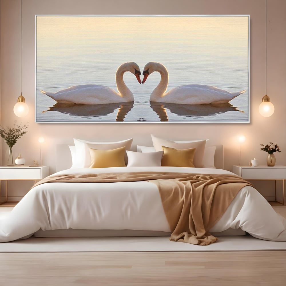 Tablou Canvas Premium, LuxCanva® M1032, Simetrie Romantica, Lebede, Pasari, Pereche, Lac, Reflexie, Iubire, Romantism, Natura, Relaxare, Birou, Living, Camera Copil