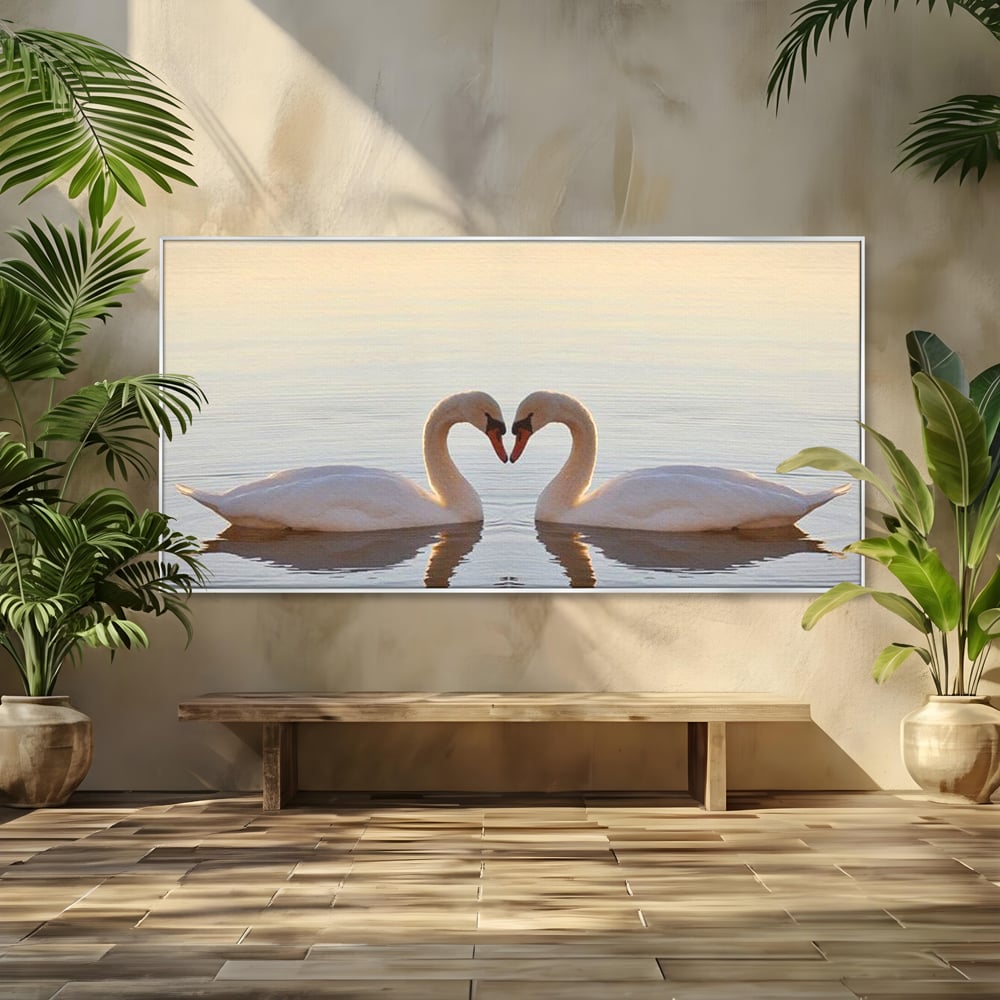 Tablou Canvas Premium, LuxCanva® M1032, Simetrie Romantica, Lebede, Pasari, Pereche, Lac, Reflexie, Iubire, Romantism, Natura, Relaxare, Birou, Living, Camera Copil