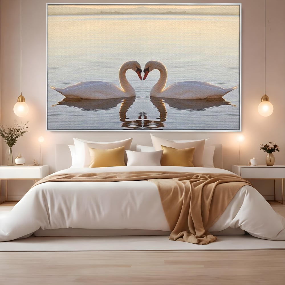 Tablou Canvas Premium, LuxCanva® M1032, Simetrie Romantica, Lebede, Pasari, Pereche, Lac, Reflexie, Iubire, Romantism, Natura, Relaxare, Birou, Living, Camera Copil