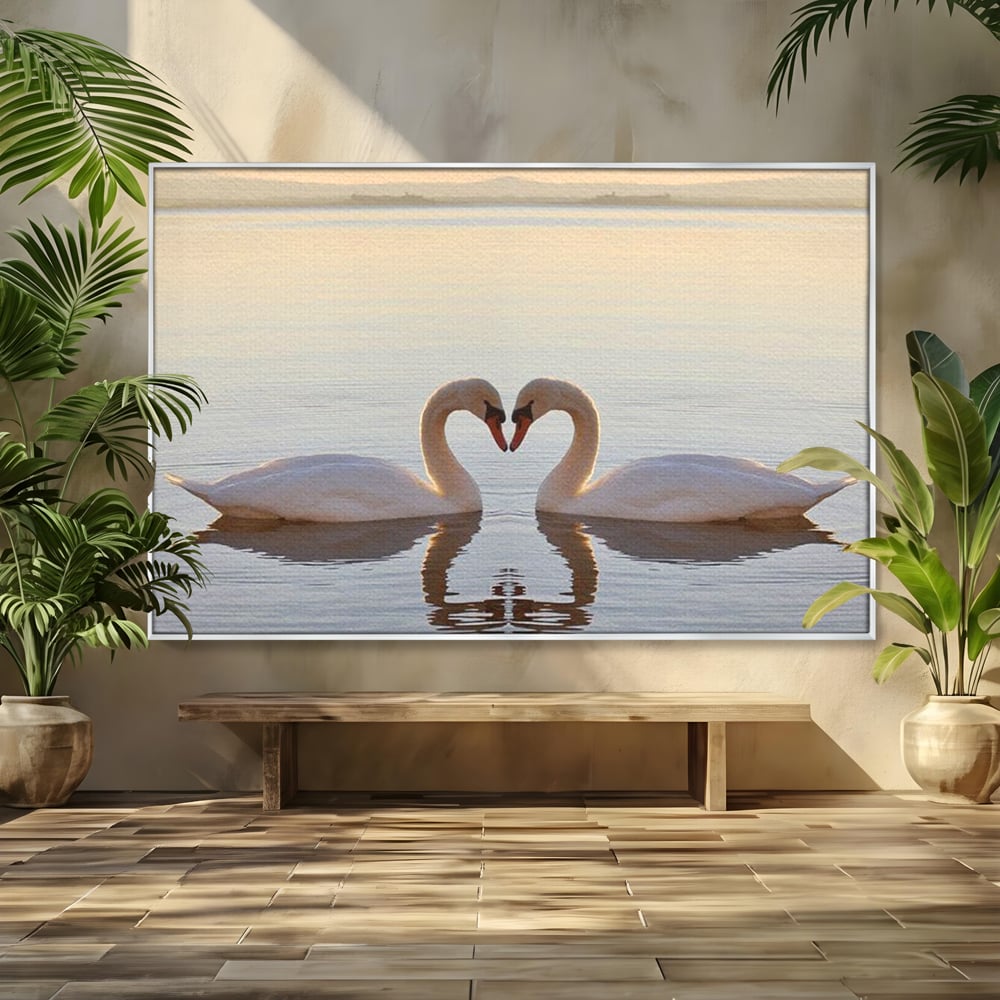 Tablou Canvas Premium, LuxCanva® M1032, Simetrie Romantica, Lebede, Pasari, Pereche, Lac, Reflexie, Iubire, Romantism, Natura, Relaxare, Birou, Living, Camera Copil