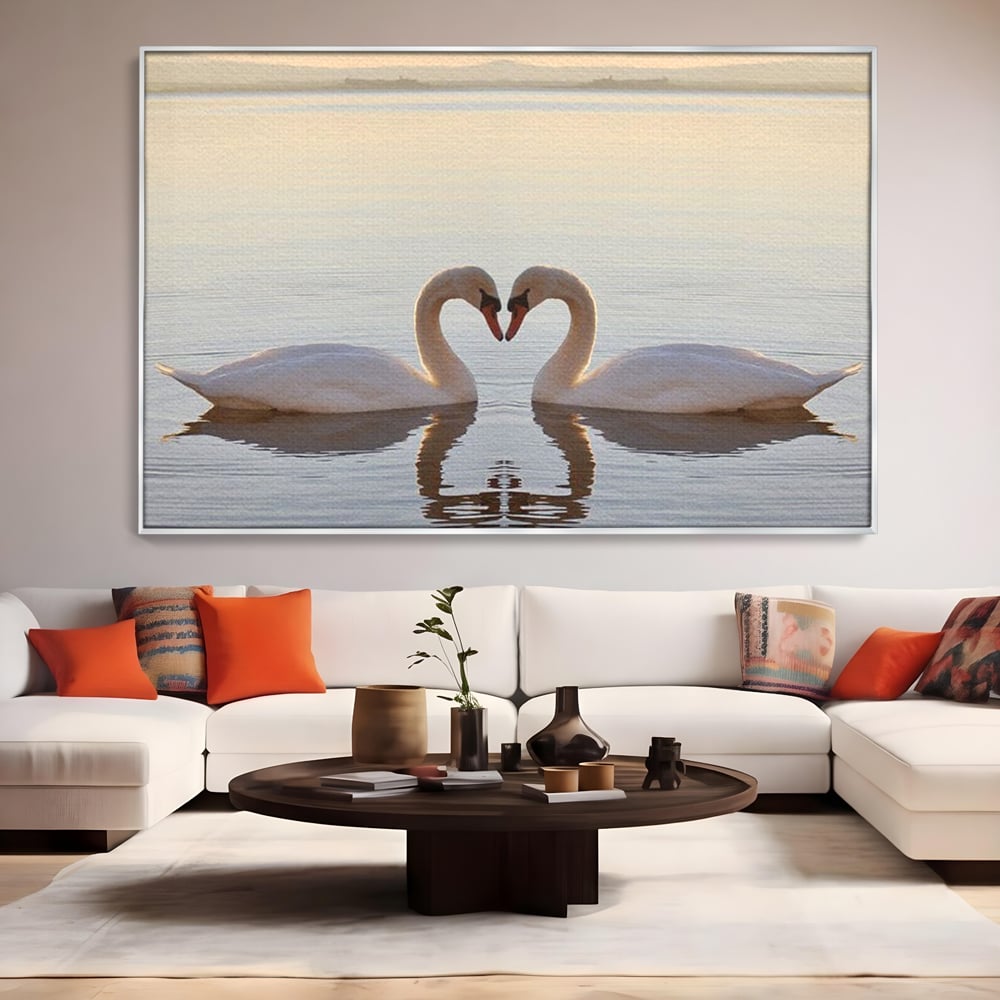 Tablou Canvas Premium, LuxCanva® M1032, Simetrie Romantica, Lebede, Pasari, Pereche, Lac, Reflexie, Iubire, Romantism, Natura, Relaxare, Birou, Living, Camera Copil