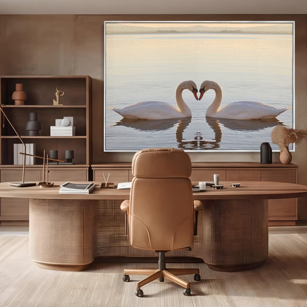 Tablou Canvas Premium, LuxCanva® M1032, Simetrie Romantica, Lebede, Pasari, Pereche, Lac, Reflexie, Iubire, Romantism, Natura, Relaxare, Birou, Living, Camera Copil