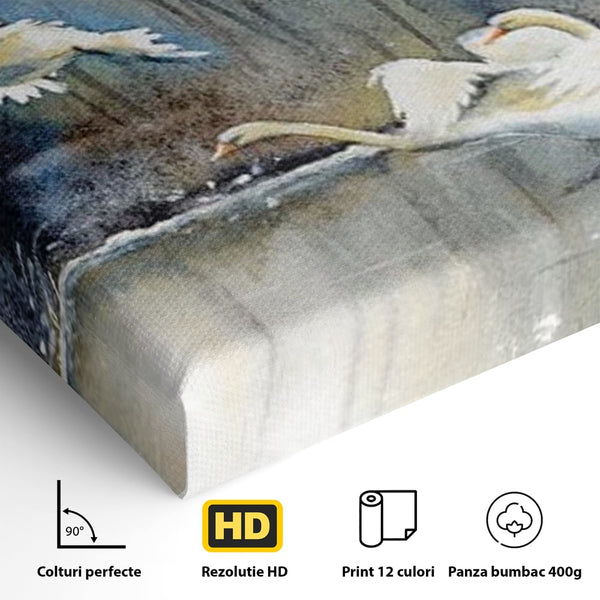 Tablou Canvas Premium, LuxCanva® M1033, Frumusetea Evadarii, Lac, Cer, Grup, Prietenie, Pasari, Lebede, Joc, Miscare, Peisaj, Apa, Birou, Living, Camera Copil