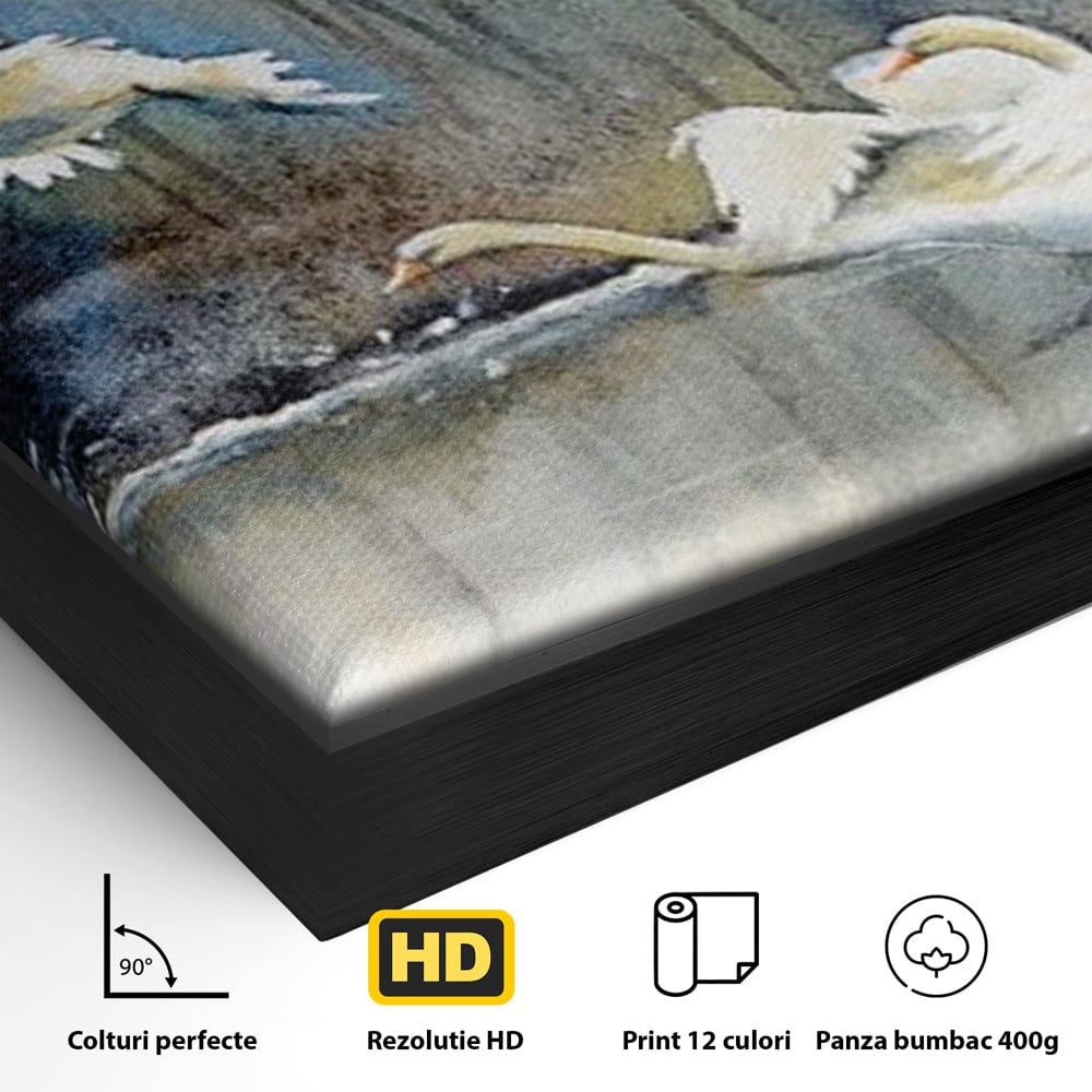 Tablou Canvas Premium, LuxCanva® M1033, Frumusetea Evadarii, Lac, Cer, Grup, Prietenie, Pasari, Lebede, Joc, Miscare, Peisaj, Apa, Birou, Living, Camera Copil