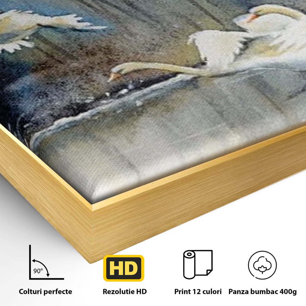 Tablou Canvas Premium, LuxCanva® M1033, Frumusetea Evadarii, Lac, Cer, Grup, Prietenie, Pasari, Lebede, Joc, Miscare, Peisaj, Apa, Birou, Living, Camera Copil