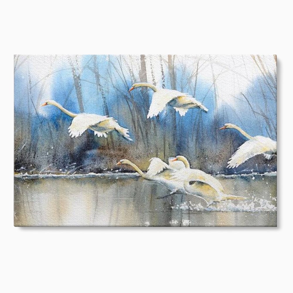 Tablou Canvas Premium, LuxCanva® M1033, Frumusetea Evadarii, Lac, Cer, Grup, Prietenie, Pasari, Lebede, Joc, Miscare, Peisaj, Apa, Birou, Living, Camera Copil
