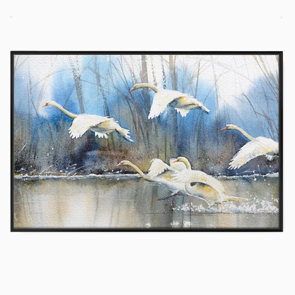 Tablou Canvas Premium, LuxCanva® M1033, Frumusetea Evadarii, Lac, Cer, Grup, Prietenie, Pasari, Lebede, Joc, Miscare, Peisaj, Apa, Birou, Living, Camera Copil