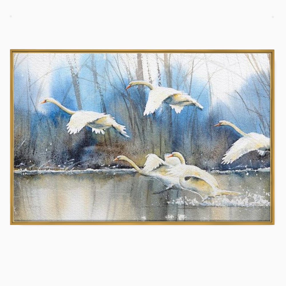 Tablou Canvas Premium, LuxCanva® M1033, Frumusetea Evadarii, Lac, Cer, Grup, Prietenie, Pasari, Lebede, Joc, Miscare, Peisaj, Apa, Birou, Living, Camera Copil