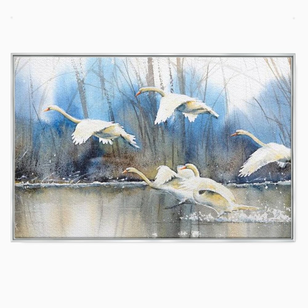 Tablou Canvas Premium, LuxCanva® M1033, Frumusetea Evadarii, Lac, Cer, Grup, Prietenie, Pasari, Lebede, Joc, Miscare, Peisaj, Apa, Birou, Living, Camera Copil