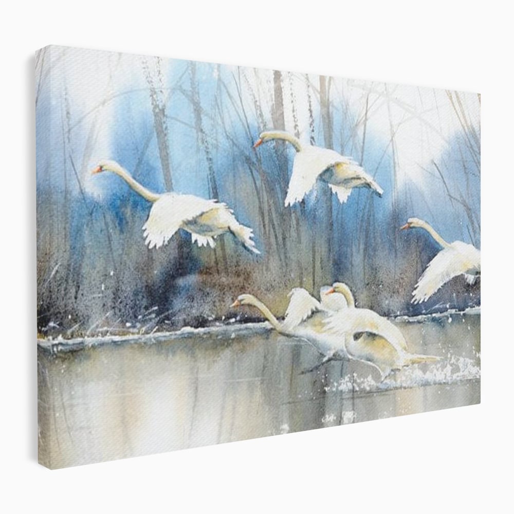 Tablou Canvas Premium, LuxCanva® M1033, Frumusetea Evadarii, Lac, Cer, Grup, Prietenie, Pasari, Lebede, Joc, Miscare, Peisaj, Apa, Birou, Living, Camera Copil
