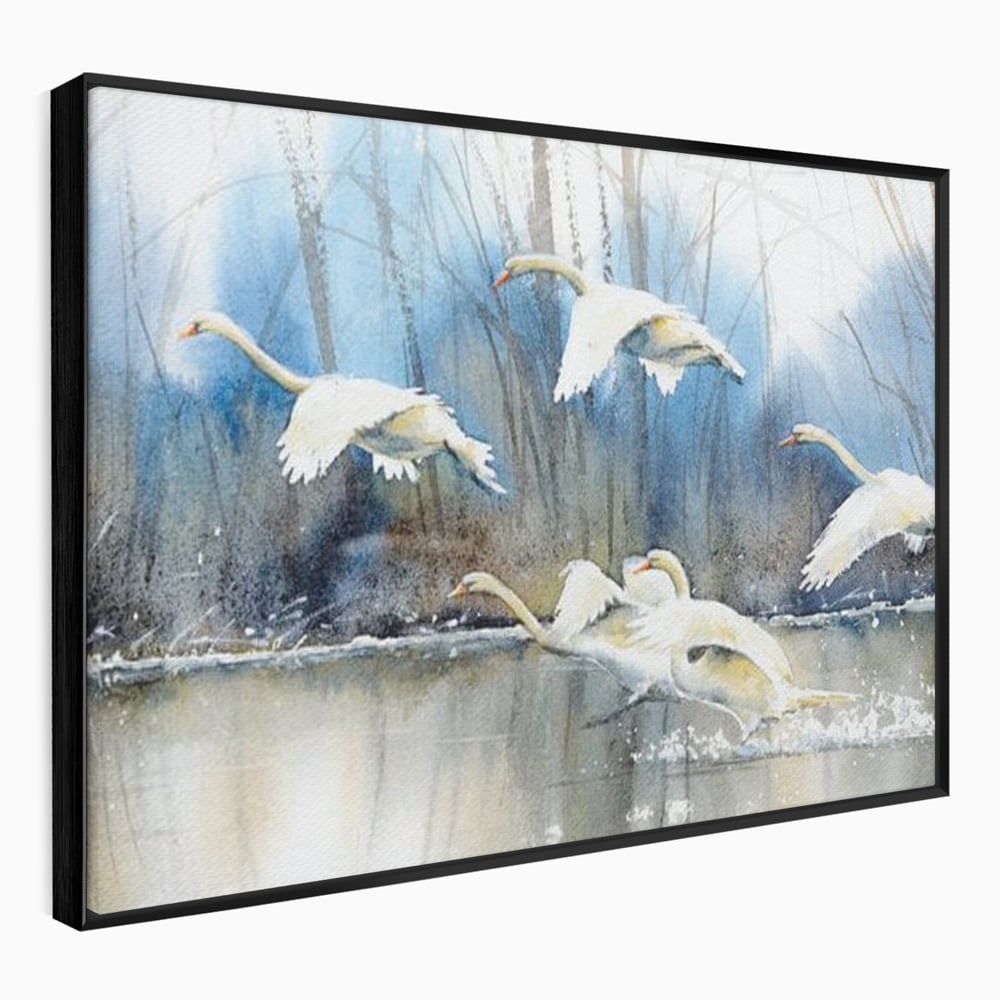Tablou Canvas Premium, LuxCanva® M1033, Frumusetea Evadarii, Lac, Cer, Grup, Prietenie, Pasari, Lebede, Joc, Miscare, Peisaj, Apa, Birou, Living, Camera Copil