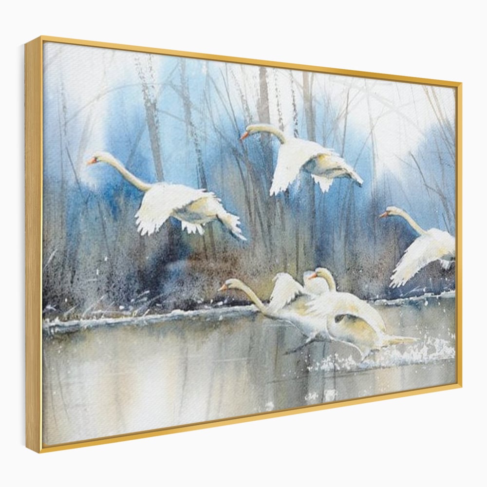 Tablou Canvas Premium, LuxCanva® M1033, Frumusetea Evadarii, Lac, Cer, Grup, Prietenie, Pasari, Lebede, Joc, Miscare, Peisaj, Apa, Birou, Living, Camera Copil