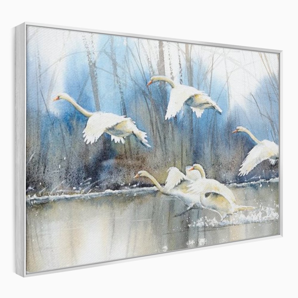 Tablou Canvas Premium, LuxCanva® M1033, Frumusetea Evadarii, Lac, Cer, Grup, Prietenie, Pasari, Lebede, Joc, Miscare, Peisaj, Apa, Birou, Living, Camera Copil