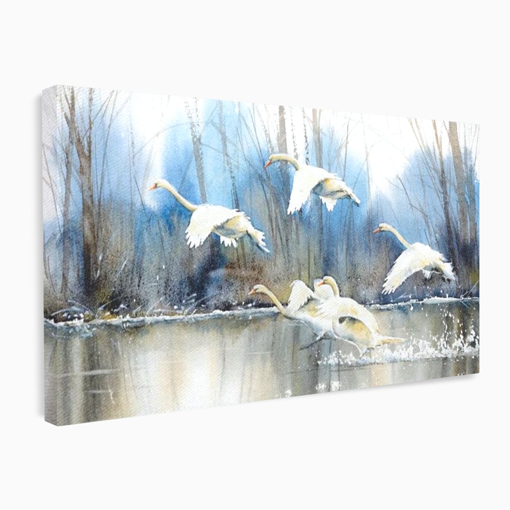 Tablou Canvas Premium, LuxCanva® M1033, Frumusetea Evadarii, Lac, Cer, Grup, Prietenie, Pasari, Lebede, Joc, Miscare, Peisaj, Apa, Birou, Living, Camera Copil