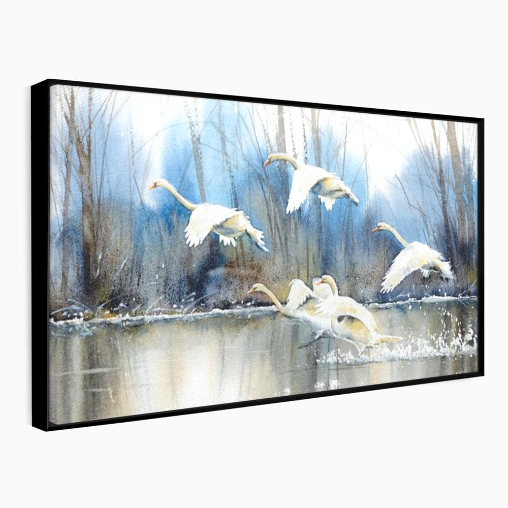 Tablou Canvas Premium, LuxCanva® M1033, Frumusetea Evadarii, Lac, Cer, Grup, Prietenie, Pasari, Lebede, Joc, Miscare, Peisaj, Apa, Birou, Living, Camera Copil