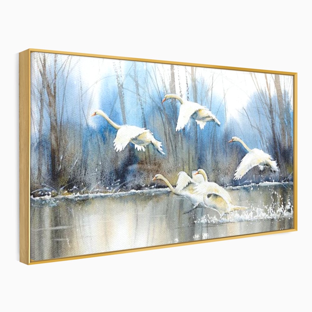 Tablou Canvas Premium, LuxCanva® M1033, Frumusetea Evadarii, Lac, Cer, Grup, Prietenie, Pasari, Lebede, Joc, Miscare, Peisaj, Apa, Birou, Living, Camera Copil