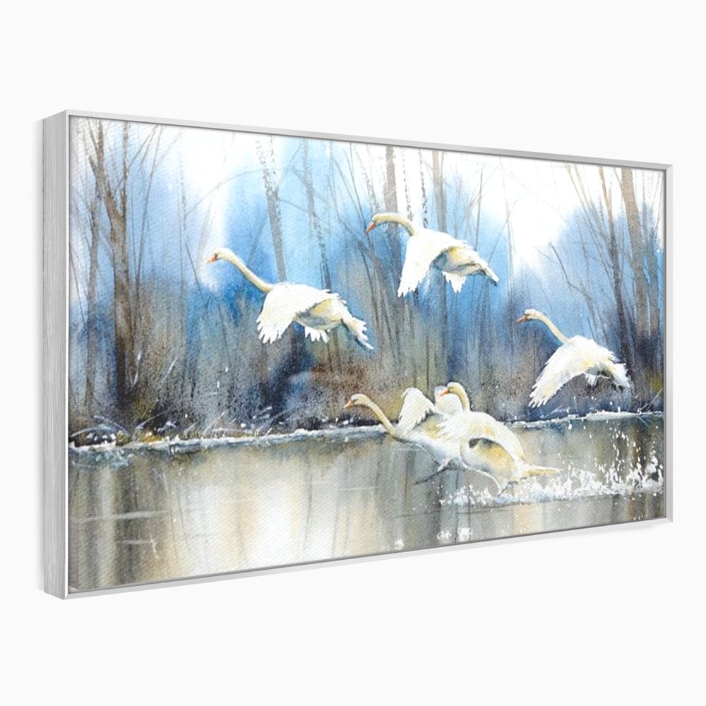 Tablou Canvas Premium, LuxCanva® M1033, Frumusetea Evadarii, Lac, Cer, Grup, Prietenie, Pasari, Lebede, Joc, Miscare, Peisaj, Apa, Birou, Living, Camera Copil