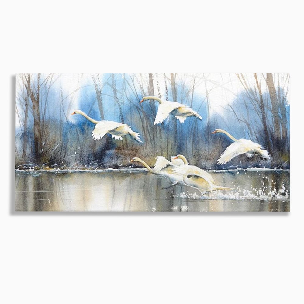 Tablou Canvas Premium, LuxCanva® M1033, Frumusetea Evadarii, Lac, Cer, Grup, Prietenie, Pasari, Lebede, Joc, Miscare, Peisaj, Apa, Birou, Living, Camera Copil