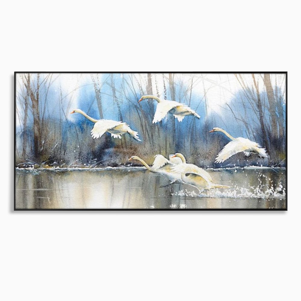 Tablou Canvas Premium, LuxCanva® M1033, Frumusetea Evadarii, Lac, Cer, Grup, Prietenie, Pasari, Lebede, Joc, Miscare, Peisaj, Apa, Birou, Living, Camera Copil