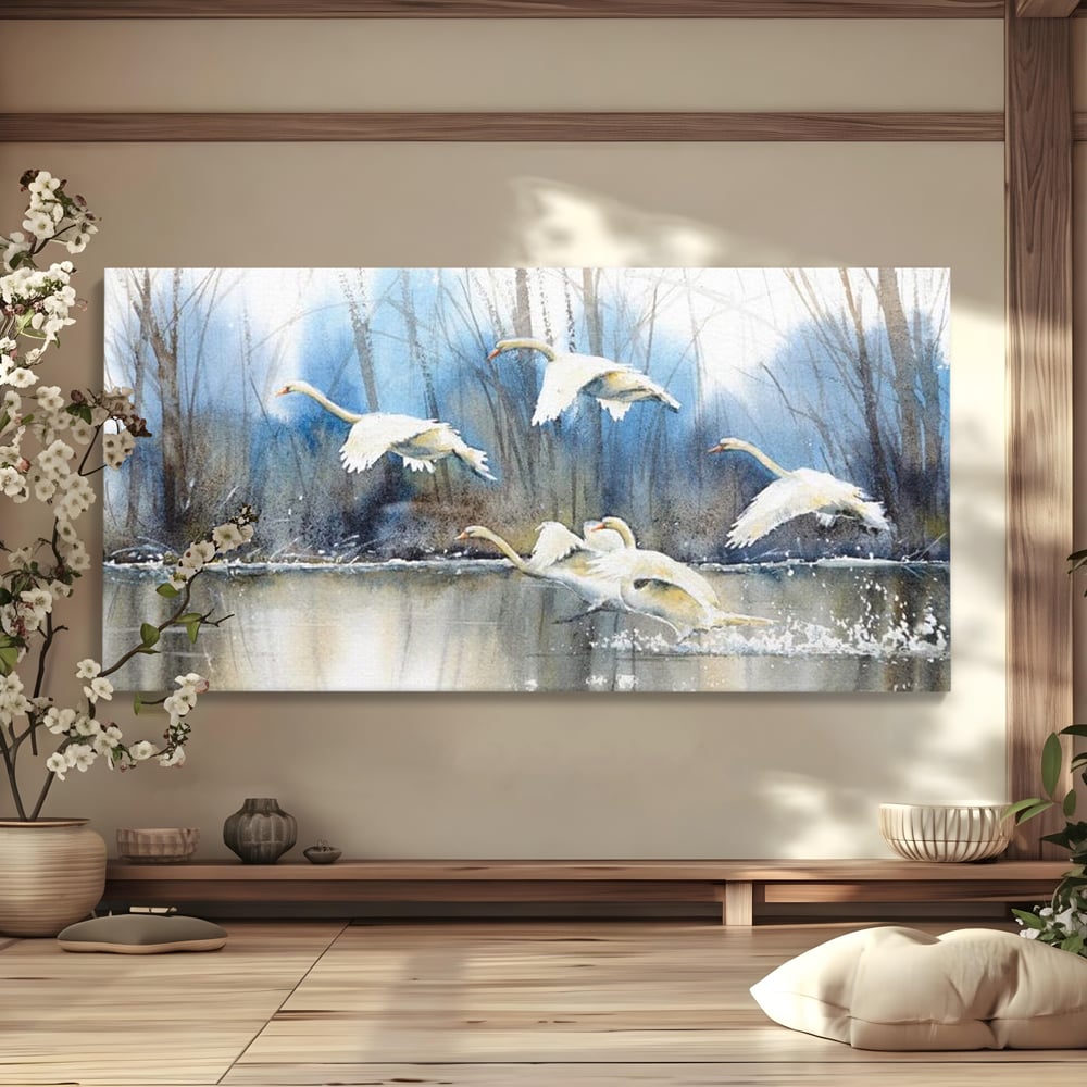 Tablou Canvas Premium, LuxCanva® M1033, Frumusetea Evadarii, Lac, Cer, Grup, Prietenie, Pasari, Lebede, Joc, Miscare, Peisaj, Apa, Birou, Living, Camera Copil