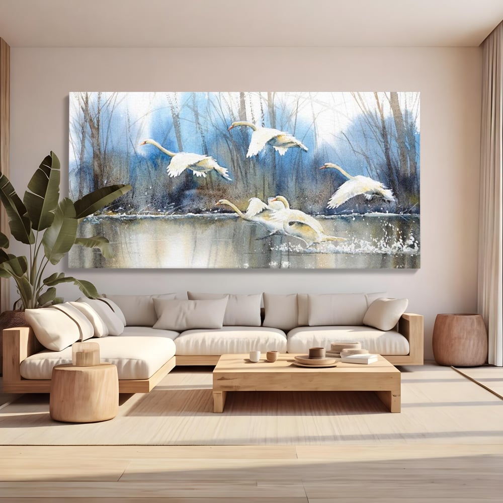 Tablou Canvas Premium, LuxCanva® M1033, Frumusetea Evadarii, Lac, Cer, Grup, Prietenie, Pasari, Lebede, Joc, Miscare, Peisaj, Apa, Birou, Living, Camera Copil