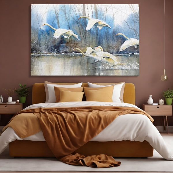Tablou Canvas Premium, LuxCanva® M1033, Frumusetea Evadarii, Lac, Cer, Grup, Prietenie, Pasari, Lebede, Joc, Miscare, Peisaj, Apa, Birou, Living, Camera Copil